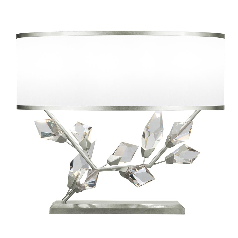 Table lamp with white shade and silver finish base, facing right. Fine Art Lamps. 