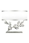 Table lamp with white shade and silver finish base, facing right. Fine Art Lamps. 