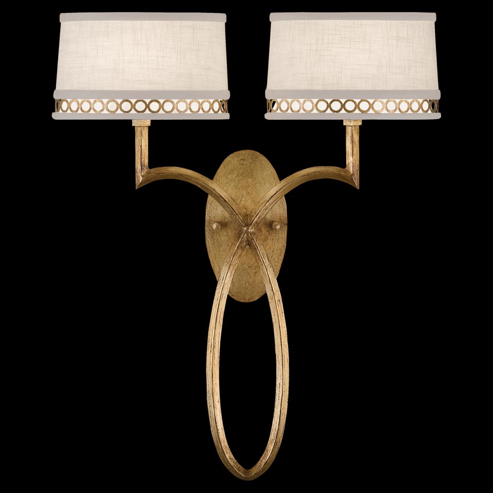 Allegretto double wall light in natural linen decorated with gold leaf. Fine Art Lamps. 