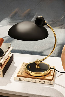Kaiser Idell retro desk lamp in black steel and gold metal. Fritz Hansen. 