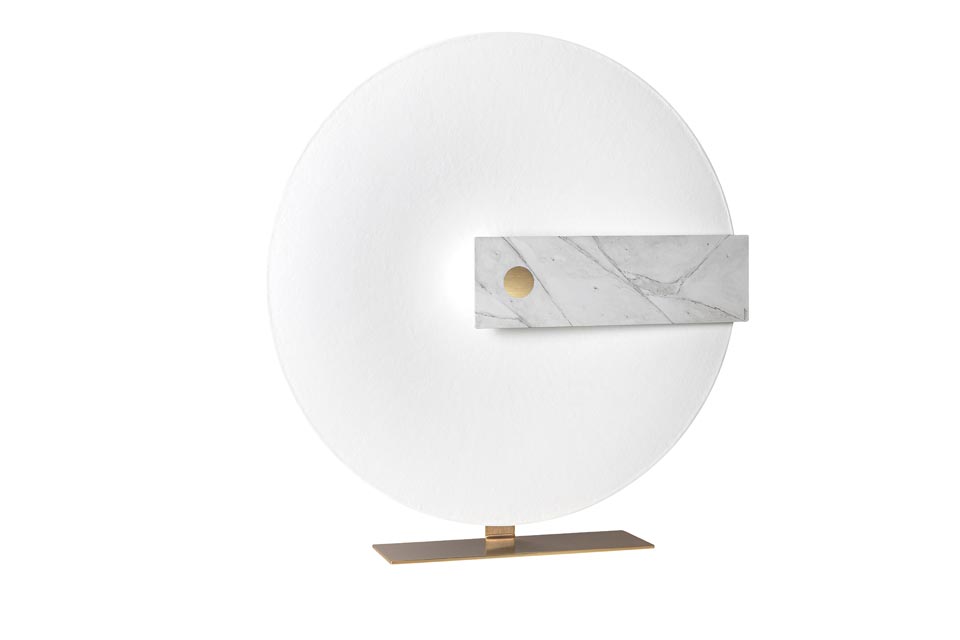 Meridiana in fiberglass and white marble floor lamp. Hind Rabii. 