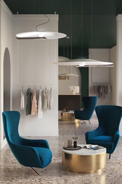 Meridiana pendant in fiberglass and marble. Hind Rabii. 