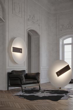 Meridiana round wall lamp in fiberglass and wenge wood. Hind Rabii. 