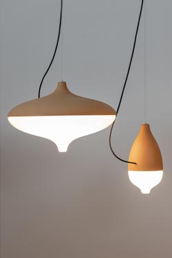 T-cotta pendant light 01 in ceramic and opal glass. Hind Rabii. 