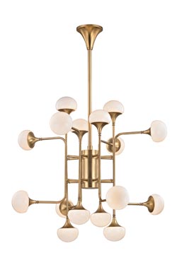 Fleming 16-light golden trumpet chandelier in brass. Hudson Valley. 