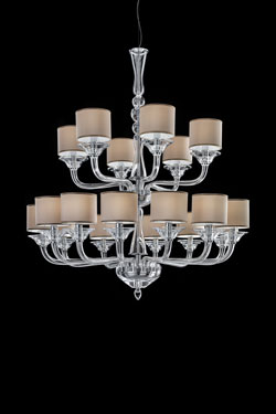 2-tiers clear crystal chandelier, beige cylindrical shades. Italamp. 