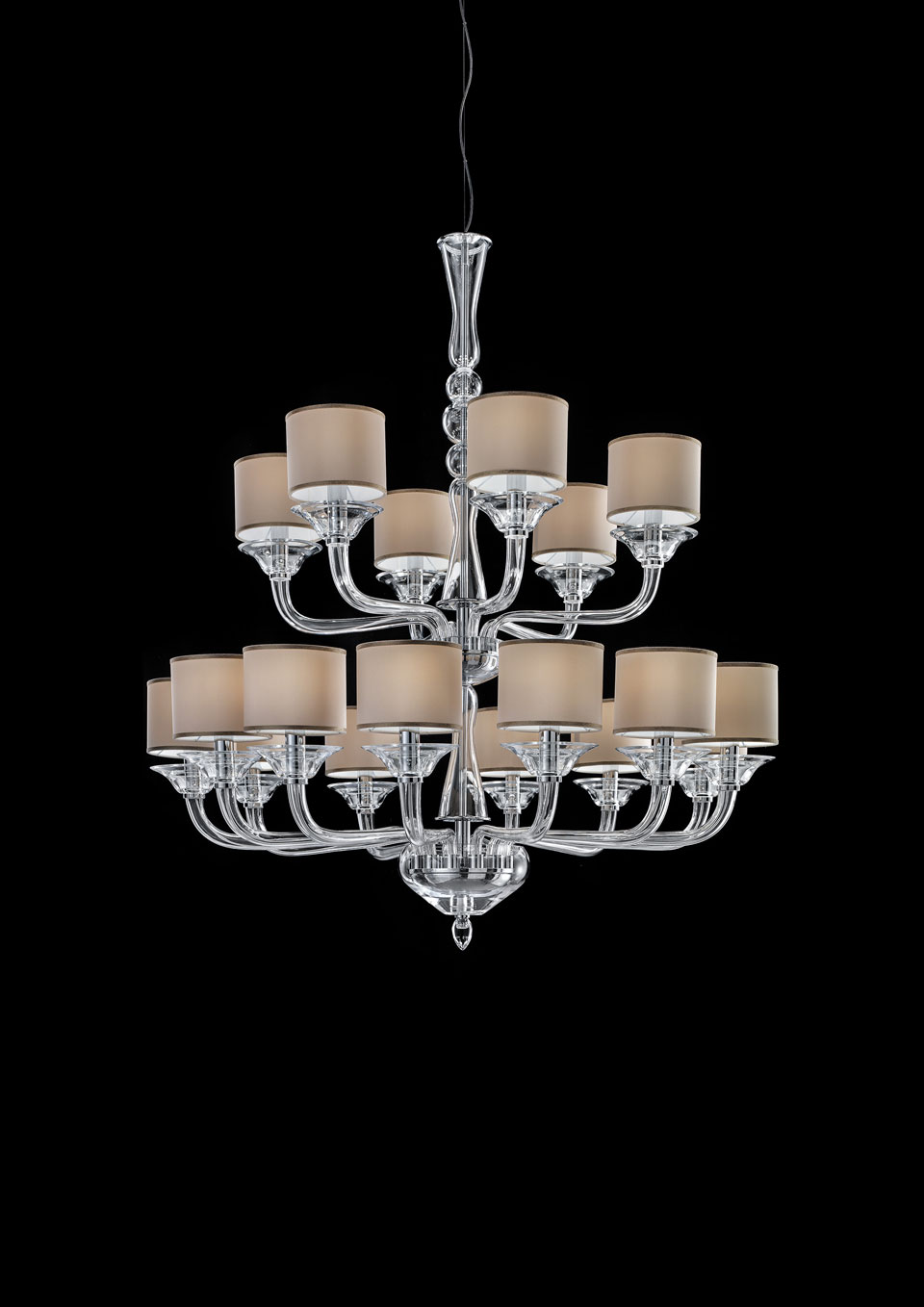 2-tiers clear crystal chandelier, beige cylindrical shades. Italamp. 
