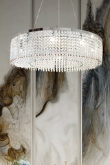 Lustre cylindrique 8 lumières en verre et cristal Swarovski ambré. Italamp. Lustre cylindrique 8 lumières en verre et cristal Swarovski ambré. Italamp.