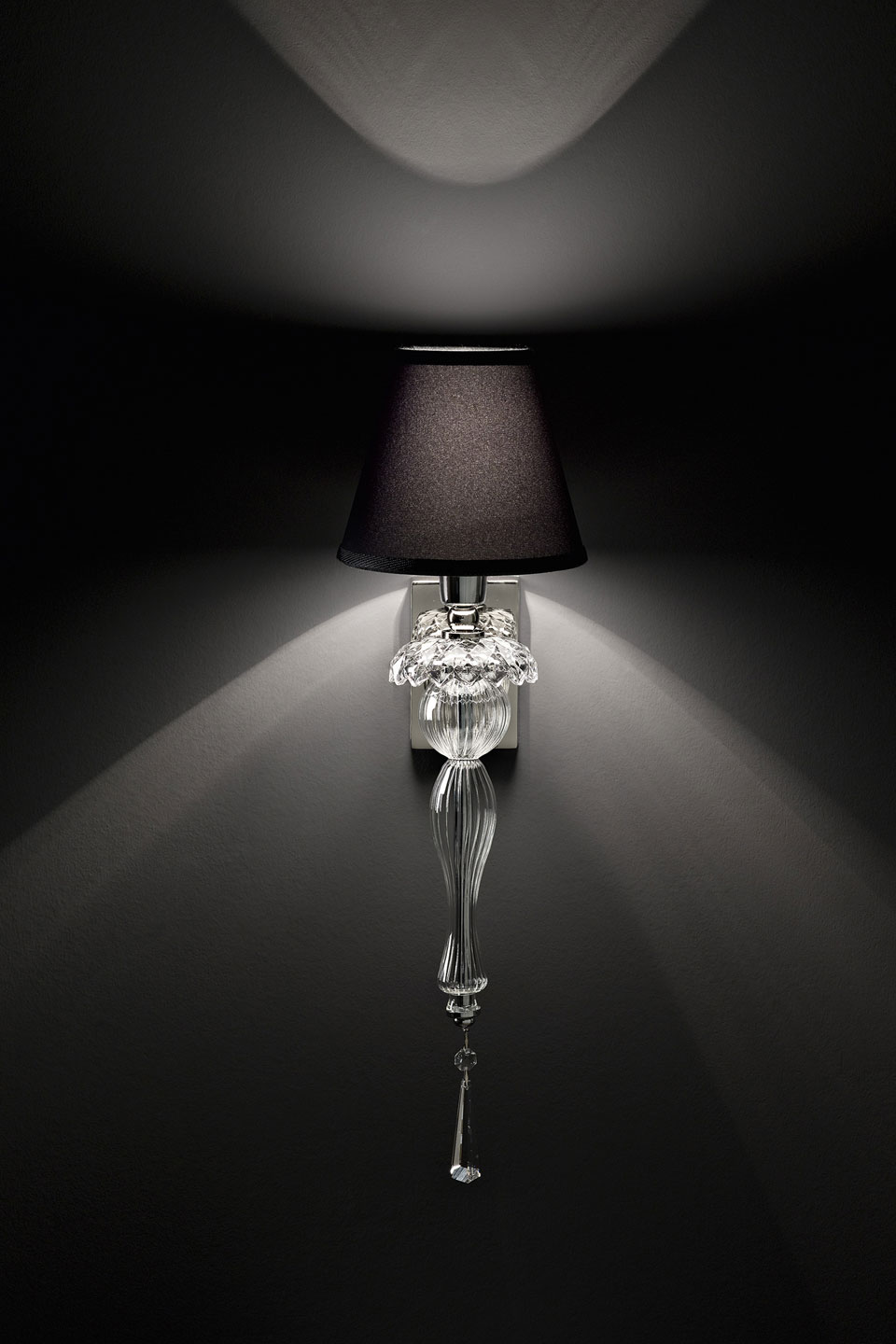 Transparent carved crystal wall lamp and black lampshade. Italamp. 