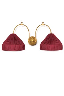 Boileau large double wall lamp in gilded bronze and hanging red theater shade. Jacques Garcia. 