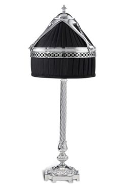 Diderot chrome bronze lamp and conical shade in black pleated silk. Jacques Garcia. 