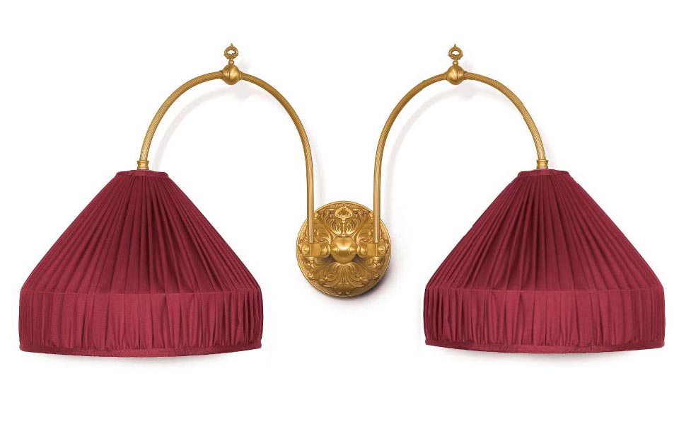 Boileau large double wall lamp in gilded bronze and hanging red theater shade. Jacques Garcia. 