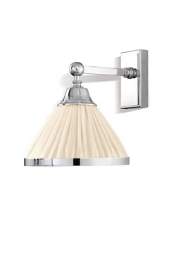 Brooklyn chrome wall lamp and ivory pleated silk conical shade. Jacques Garcia. 