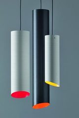White fiberglass tube pendant Slice yellow interior 36cm. Karboxx. White fiberglass tube pendant Slice yellow interior 36cm. Karboxx.