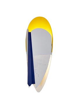 Gray, yellow and blue perforated metal wizard mask wall lamp. La Chance. 