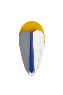 Gray, yellow and blue perforated metal wizard mask wall lamp. La Chance. 