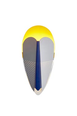 Gray, yellow and blue perforated metal wizard mask wall lamp. La Chance. 