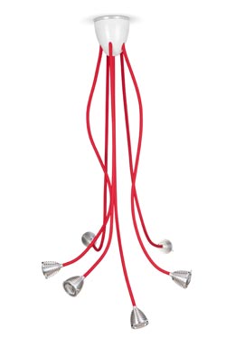 Athene Grande suspension LED 6 lumières sur flexible rouge. Less 