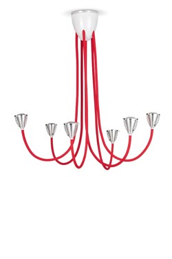 Athene Grande suspension LED 6 lumières sur flexible rouge. Less 
