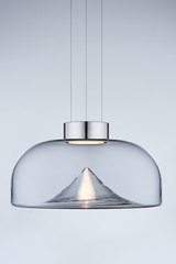Suspension design année 70 Aella en métal chromé et verre clair. Leucos. Suspension design année 70 Aella en métal chromé et verre clair. Leucos.