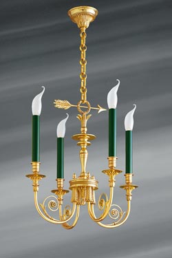 Directoire style golden chandelier in solid bronze, four lights. Lucien Gau. 