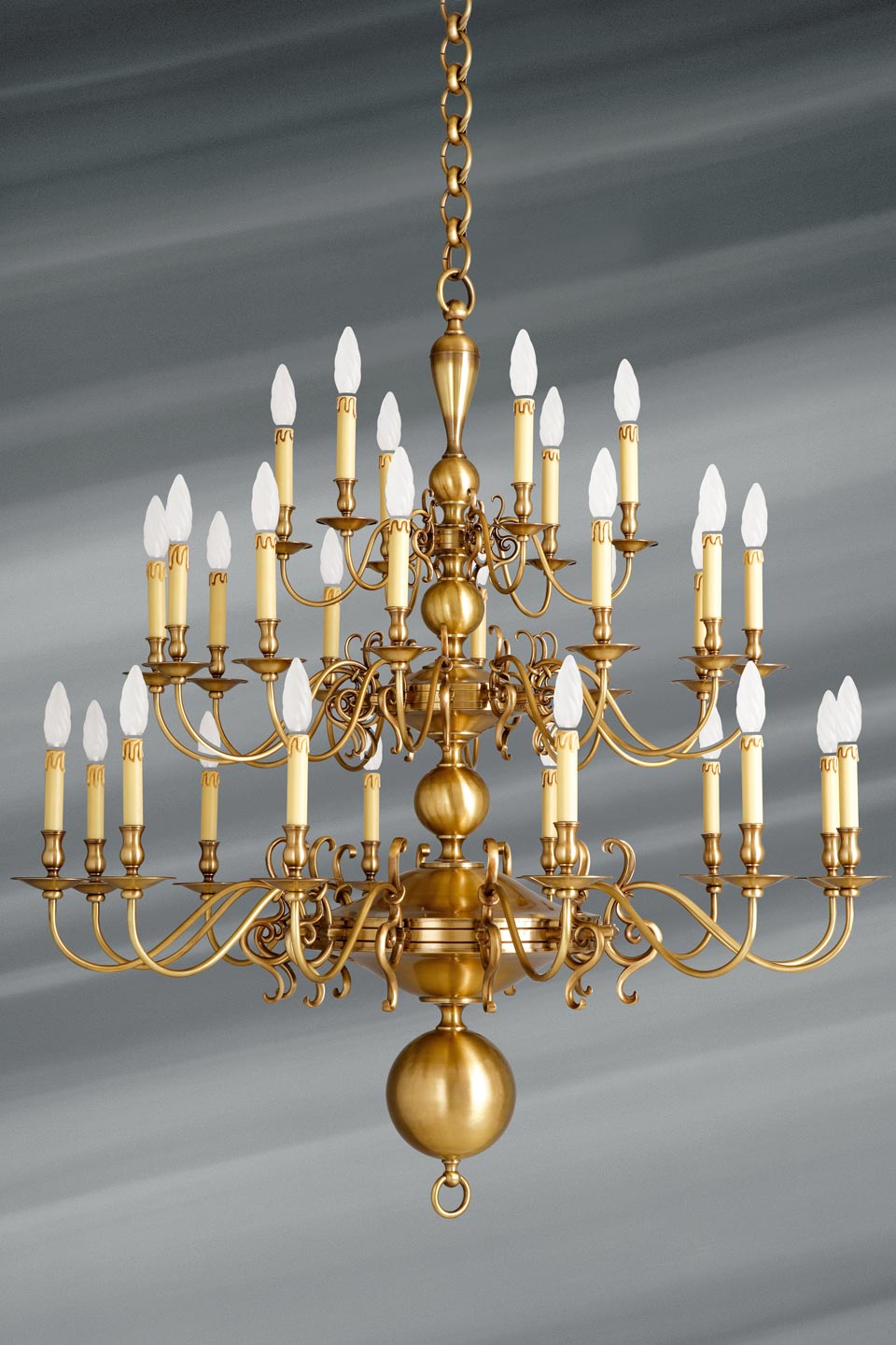 Dutch style brass chandelier thirty lights. Lucien Gau. 