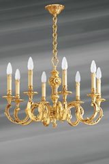 Eight lights chandelier Louis XV bronze old gold, leaves and pearls. Lucien Gau. 