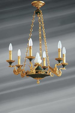 Empire style solid bronze chandelier in old gold and imperial green finish. Lucien Gau. 