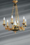 Empire style solid bronze chandelier in old gold and imperial green finish. Lucien Gau. 