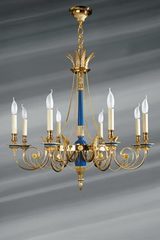 Gold and Royal Blue Directoire Style Chandelier, in Solid Bronze. Lucien Gau. 