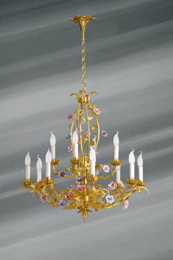 Large romantic chandelier 12 lights gold. Lucien Gau. 