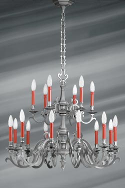 Chandelier Louis XIII style pewter matte finish eighteen lights. Lucien Gau. 