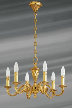 Louis XVI chandelier, gilded solid bronze, six lights. Lucien Gau. 