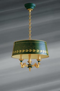 Small solid bronze chandelier Empire style, three lights and lacquered lampshade. Lucien Gau. 