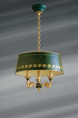 Small solid bronze chandelier Empire style, three lights and lacquered lampshade. Lucien Gau. Small solid bronze chandelier Empire style, three lights and lacquered lampshade. Lucien Gau.