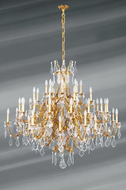 Very large gilded chandelier Louis XV in solid bronze and bohemian crystal. Lucien Gau. 