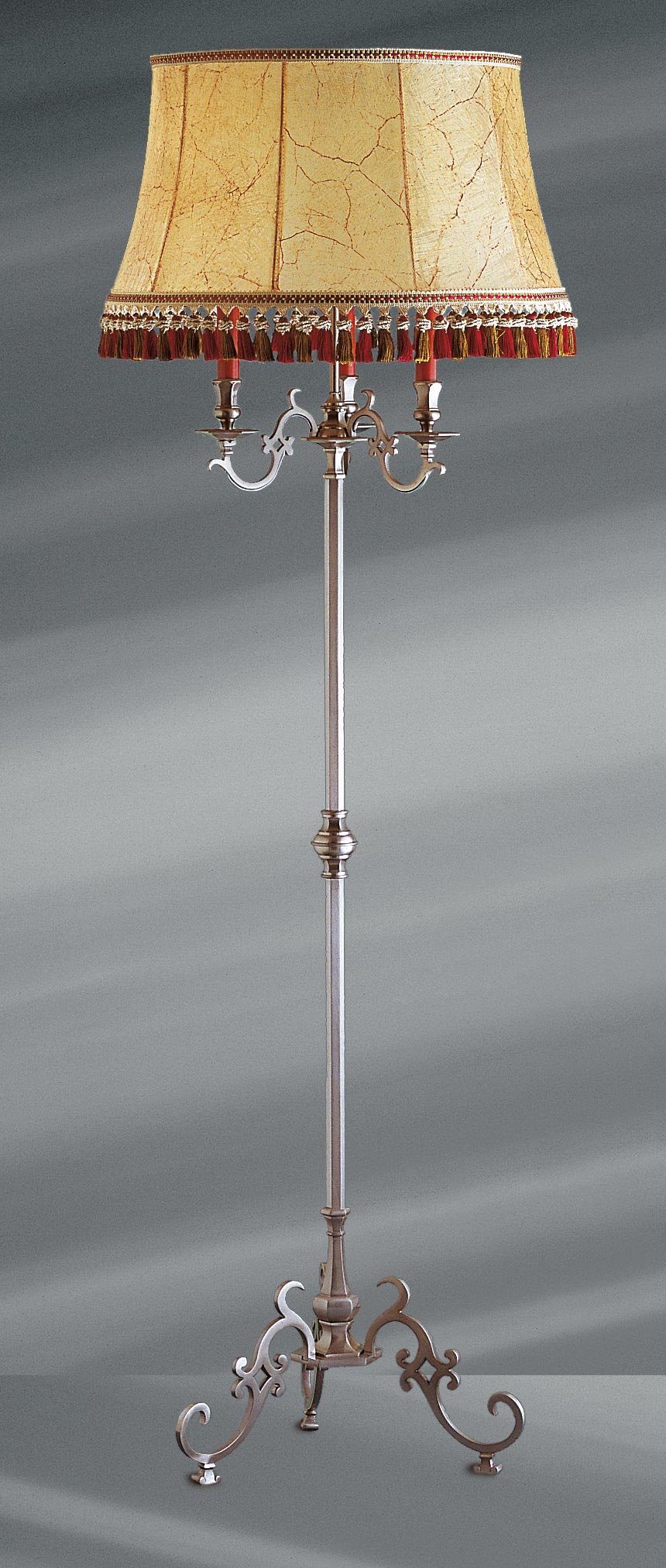  Louis XIII matt pewter floor lamp with lampshade bladder and tripod. Lucien Gau. 
