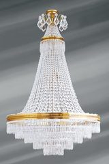 Grand lustre Louis XVI doré cristal de bohème 14 lumières. Lucien Gau. Grand lustre Louis XVI doré cristal de bohème 14 lumières. Lucien Gau.