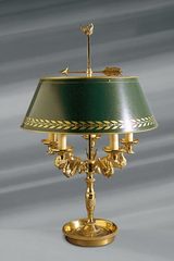 Lampe en bronze massif de style Empire, abat-jour vert, cinq lumières. Lucien Gau. 