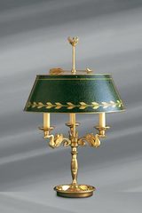 Lampe en bronze massif de style Empire, abat-jour vert, trois lumières. Lucien Gau. 