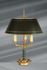 Lampe en bronze massif de style Empire, trois lumières et abat-jour laqué. Lucien Gau. 