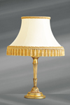 Louis XVI lamp in gilded bronze with white lampshade lined with stripes and pompoms. Lucien Gau. 