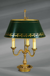 Solid bronze lamp Louis XVI style, three lights, with green and gold painted bronze lampshade. Lucien Gau. 