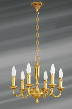 Lustre bronze massif doré, Louis XVI, six lumières. Lucien Gau. 