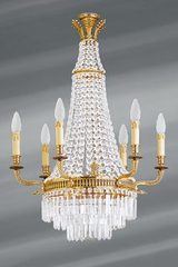 Lustre cristal de bohème doré à pampilles 9 lumières Louis XVI. Lucien Gau. 