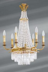 Lustre cristal de bohème doré à pampilles 9 lumières Louis XVI. Lucien Gau. Lustre cristal de bohème doré à pampilles 9 lumières Louis XVI. Lucien Gau.