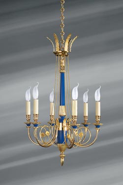 Lustre de style Directoire doré et bleu roi, en bronze massif, six bougies. Lucien Gau. 