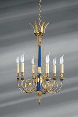 Lustre de style Directoire doré et bleu roi, en bronze massif, six bougies. Lucien Gau. Lustre de style Directoire doré et bleu roi, en bronze massif, six bougies. Lucien Gau.
