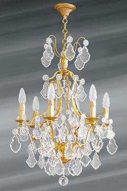 Lustre doré cristal de bohème 6 lumières Louis XV. Lucien Gau. 