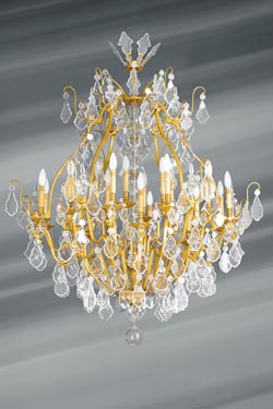 Grand lustre Louis XVI doré cristal de bohème 14 lumières - Lucien Gau,  luminaires classiques de prestige - Réf. 12020172 - mobile